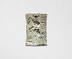 Cylinder seal and modern impression:  bull-man combatting lion; nude hero combatting water buffalo; inscription, Albite, Akkadian