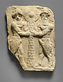 Molded plaque: bull-men flanking a tree trunk surmounted by a sun disc, Ceramic, Babylonian