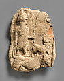 Molded plaque: the weather god Adad and a bull standing on a lion-dragon, Ceramic, Babylonian