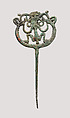 Openwork pin with a squatting female, Bronze, Iran