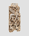 Furniture plaque carved in relief with a striding, falcon-headed winged sphinx supported by two kneeling figures, Ivory, Assyrian