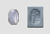 Stamp seal (octagonal pyramid) with cultic scene, Blue Chalcedony (Quartz), Assyro-Babylonian