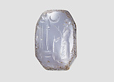 Stamp seal (octagonal pyramid) with cultic scene, Blue Chalcedony (Quartz), Assyro-Babylonian