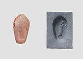 Stamp seal (duck-shaped) with cultic scene, Variegated pink and white Chalcedony (Quartz), Assyro-Babylonian