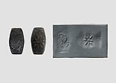 Stamp seal (loaf-shaped hemispheroid) with animal and symbol, Mottled gray Limestone, Assyrian