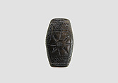 Stamp seal (loaf-shaped hemispheroid) with animal and symbol, Mottled gray Limestone, Assyrian