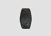 Stamp seal (loaf-shaped hemispheroid) with animal and symbol, Mottled gray Limestone, Assyrian