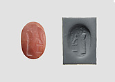 Stamp seal (oval conoid) with cultic scene, Flawed pink Carnelian (Quartz), Assyro-Babylonian
