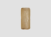 Cylinder seal with three-figure contest scene, Neutral Chalcedony (Quartz), Babylonian