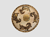 Roundel with horned animals, Shell, gold foil, stone inlay, Iran