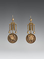 Earrings with Assyrian human-headed winged bulls, Gold, British