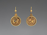 Earrings with Assyrian motifs, Gold, enamel, British