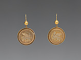 Earrings with Assyrian human-headed winged bulls, Gold, British