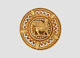 Brooch with Assyrian human-headed winged bull, Gold, enamel, glass, British