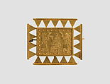 Brooch with Assyrian-inspired design, Gold, glass, British