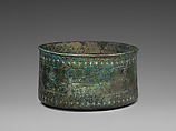 Circular box; alternating male figures and three-towered fortresses, Bronze, Iran
