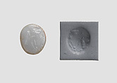 Stamp seal (oval conoid) with cultic scene, Neutral Chalcedony (Quartz), possibly etched to produce mottling, Assyrian