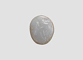 Stamp seal (oval conoid) with cultic scene, Neutral Chalcedony (Quartz), possibly etched to produce mottling, Assyrian