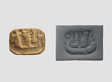 Stamp seal (octagonal pyramid) with cultic scene, Limestone, yellow, Assyrian