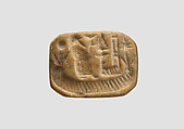Stamp seal (octagonal pyramid) with cultic scene, Limestone, yellow, Assyrian