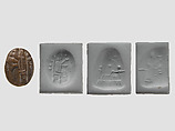 Stamp seal (oval conoid) with cultic scene, deity, and divine symbols, Dark brown limestone, Assyrian