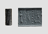 Cylinder seal and modern impression: king before nude winged goddess above snake; weather god on bull, Hematite, Cypriot