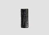 Cylinder seal and modern impression: king before nude winged goddess above snake; weather god on bull, Hematite, Cypriot