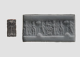 Cylinder seal and modern impression: nude goddess faces a male figure; worshiper, Hematite