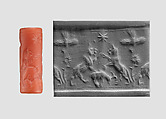 Cylinder seal and modern impression: rampant lions over grazing ram, Carnelian, Assyrian