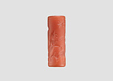 Cylinder seal and modern impression: rampant lions over grazing ram, Carnelian, Assyrian