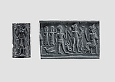 Cylinder seal and modern impression: nude goddess before seated deity, Hematite