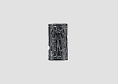Cylinder seal and modern impression: nude goddess before seated deity, Hematite
