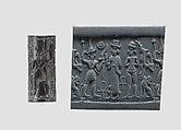 Cylinder seal and modern impression: smiting weather god before a Syrian goddess, nude goddess; ankh symbols, Hematite