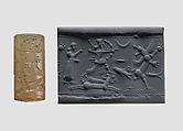 Cylinder seal with mythological contest scene, Neutral Chalcedony (Quartz), Assyrian