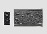 Cylinder seal and modern impression: two bullmen flanking sun-disc; horse, griffin, Hematite, Mitanni