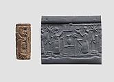 Cylinder seal with cultic banquet scene, Brown Limestone, Assyrian