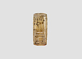 Cylinder seal with cultic banquet scene, Flawed neutral Chalcedony (Quartz), Assyrian