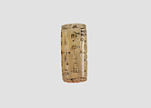 Cylinder seal with cultic banquet scene, Flawed neutral Chalcedony (Quartz), Assyrian