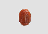 Stamp seal (octagonal pyramid) with cultic scene, Flawed Carnelian (Quartz), Assyro-Babylonian