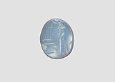 Stamp seal (oval conoid) with cultic scene, Banded and flawed blue Chalcedony (Quartz) , Assyro-Babylonian