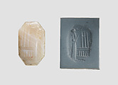 Stamp seal (octagonal pyramid) with cultic scene, Flawed neutral and white Agate (Quartz), Assyro-Babylonian