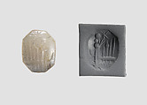 Stamp seal (octagonal pyramid) with cultic scene, Flawed neutral Chalcedony (Quartz), Assyro-Babylonian