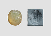Stamp seal (oval conoid) with cultic scene, Flawed neutral Agate (Quartz), Assyrian
