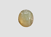 Stamp seal (oval conoid) with cultic scene, Flawed neutral Agate (Quartz), Assyrian