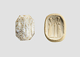 Stamp seal (octagonal pyramid) with cultic scene, Veined and flawed white and black Chalcedony (Quartz), possibly enhanced through heating, Assyro-Babylonian