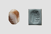 Stamp seal (octagonal pyramid) with cultic scene, Brown and white Agate (Quartz), Assyro-Babylonian