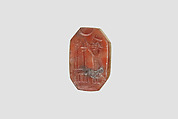 Stamp seal (octagonal pyramid) with cultic scene, Mottled and flawed orange and red Carnelian (Quartz), Assyro-Babylonian