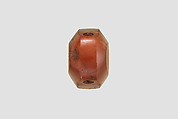 Stamp seal (octagonal pyramid) with cultic scene, Mottled and flawed orange and red Carnelian (Quartz), Assyro-Babylonian