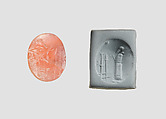 Stamp seal (oval conoid) with cultic scene, Banded pink Carnelian (Quartz), possibly etched to produce white mottling, Assyro-Babylonian
