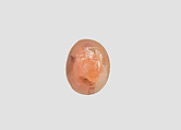 Stamp seal (oval conoid) with cultic scene, Banded pink Carnelian (Quartz), possibly etched to produce white mottling, Assyro-Babylonian